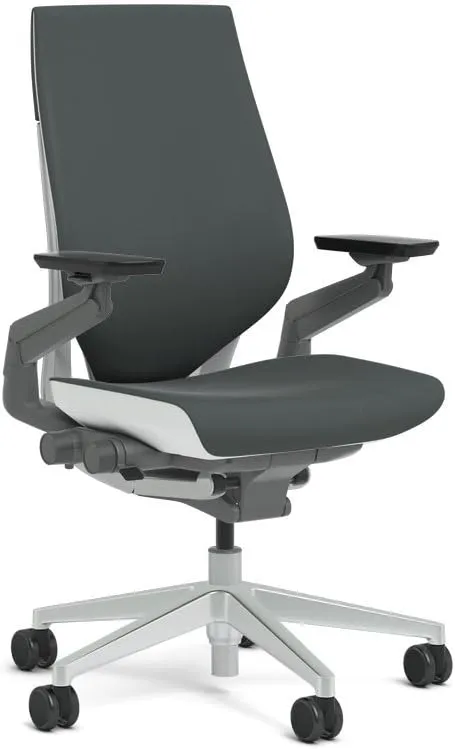 Steelcase Gesture Task Chair: Wrapped Back - Platinum Metallic Frame/Base/Seagull Accent - Adjustable Lumbar Support - Standard Carpet Casters