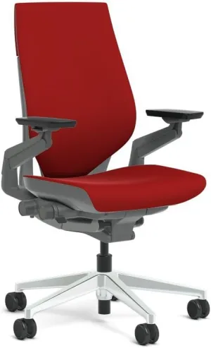 Steelcase Gesture Task Chair: Wrapped Back - Sterling Dark Solid Frame/Polished Aluminum Base/Merle Accent - Adjustable Lumbar Support - Roll Control Hard Floor Casters