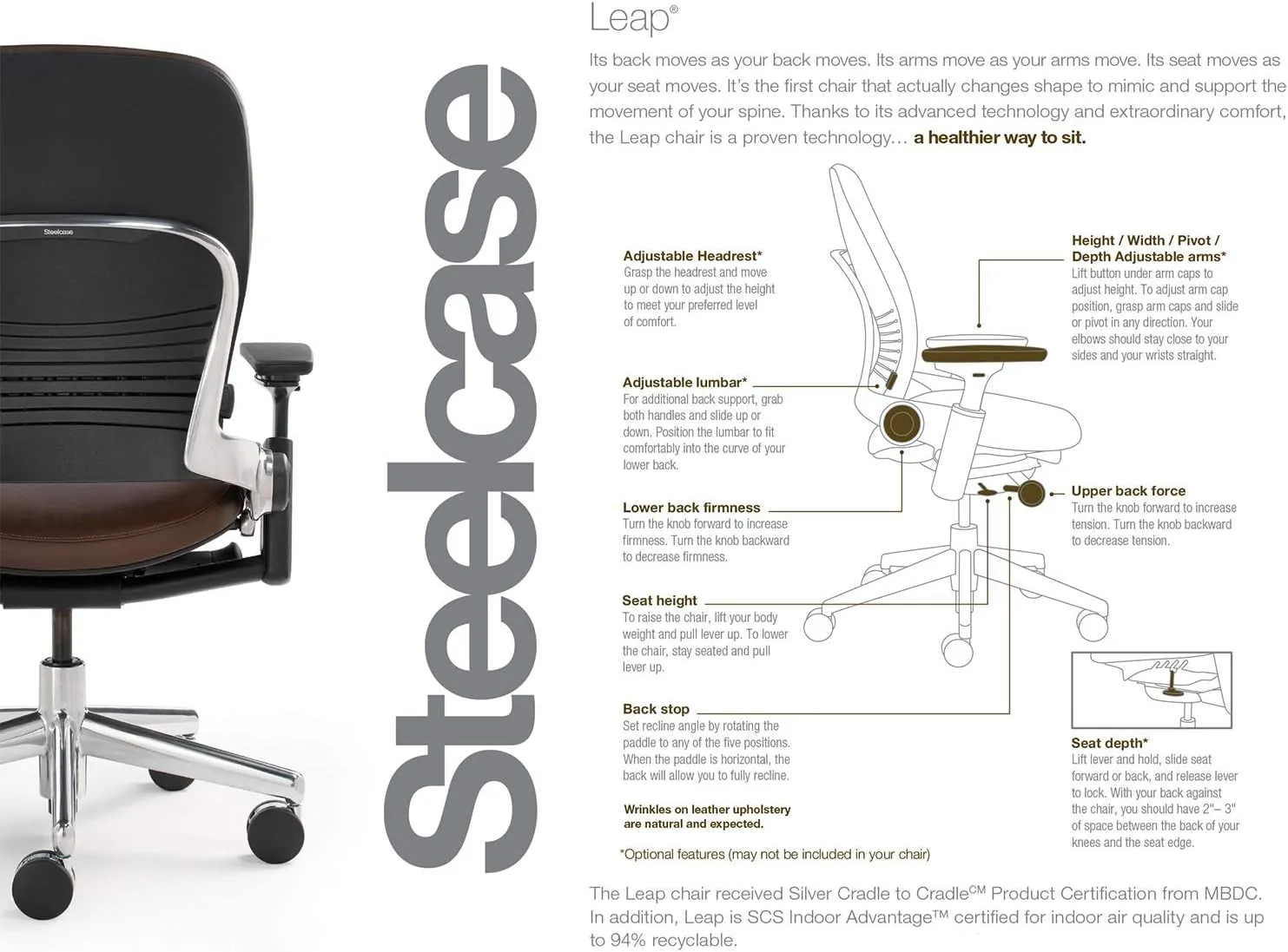 Steelcase Leap Desk Task Chair in Buzz2 5G58 Chocolate Fabric - 4-Way Highly Adjustable Arms - Black Frame and Base - Standard Carpet Casters