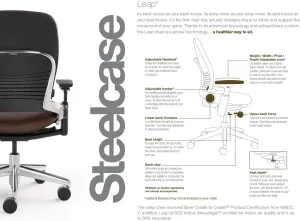 Steelcase Leap Desk Task Chair in Buzz2 5G58 Chocolate Fabric - 4-Way Highly Adjustable Arms - Black Frame and Base - Standard Carpet Casters