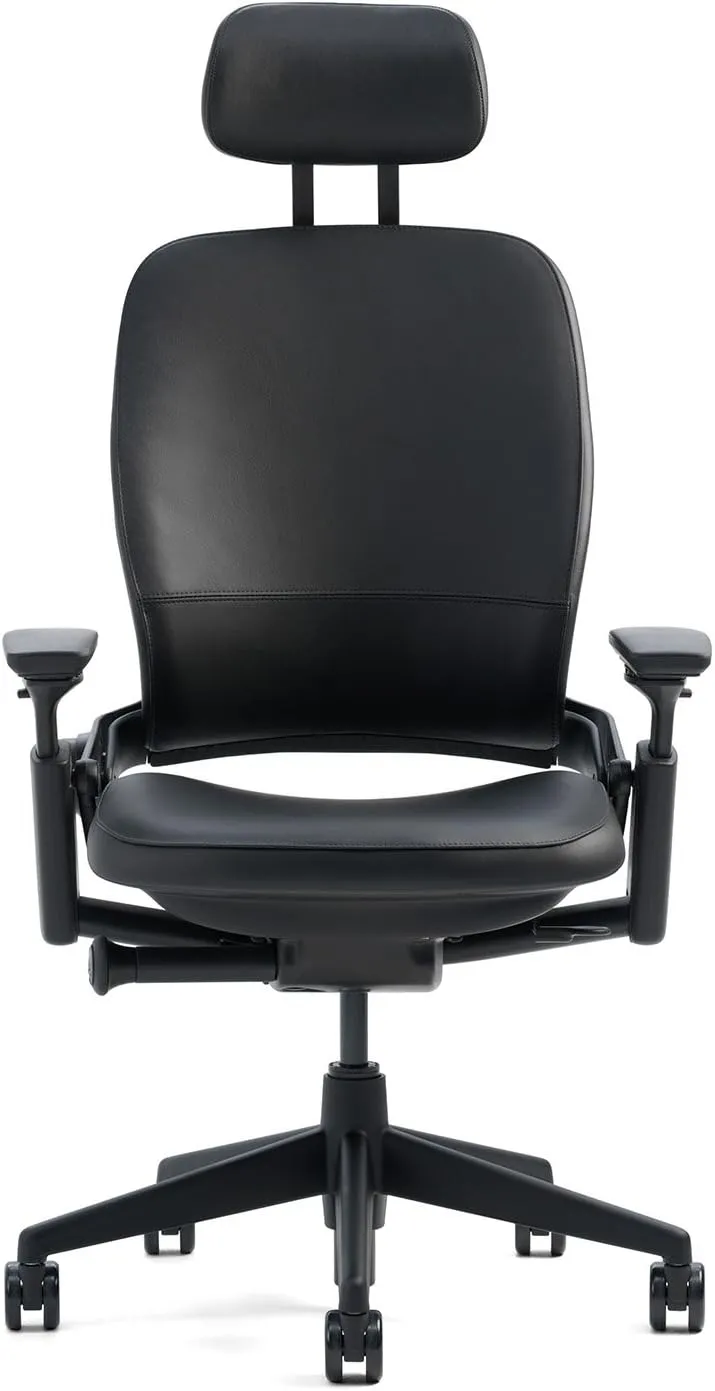 Steelcase Leap V2 Desk Chair with Headrest Mahogany Leather Seat and Back - 4-Way Highly Adjustable Arms - Black Frame and Base - Standard Carpet Casters