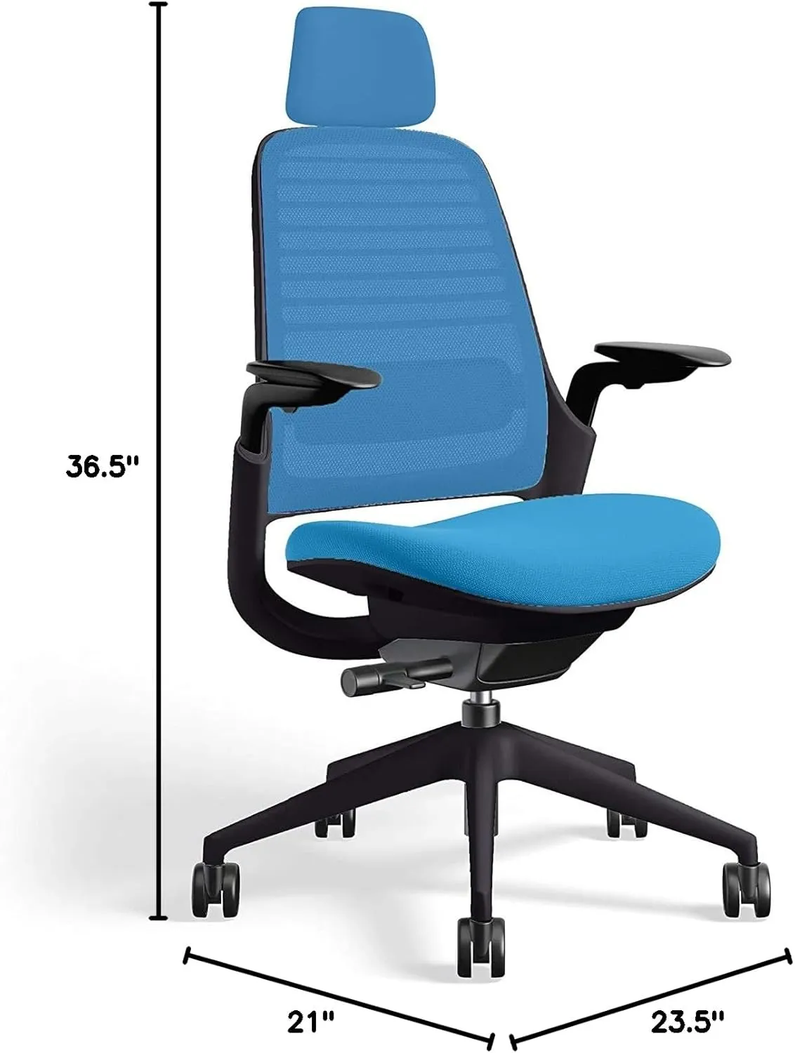 Steelcase Series 1 Office Task Chair with Headrest Black Frame 3D Microknit Back 4-Way Adjustable Arms Carpet Casters and Blue Jay 5S21 Cogent Connect Upholstery