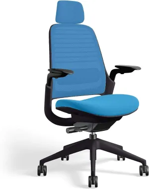 Steelcase Series 1 Office Task Chair with Headrest Black Frame 3D Microknit Back 4-Way Adjustable Arms Carpet Casters and Blue Jay 5S21 Cogent Connect Upholstery