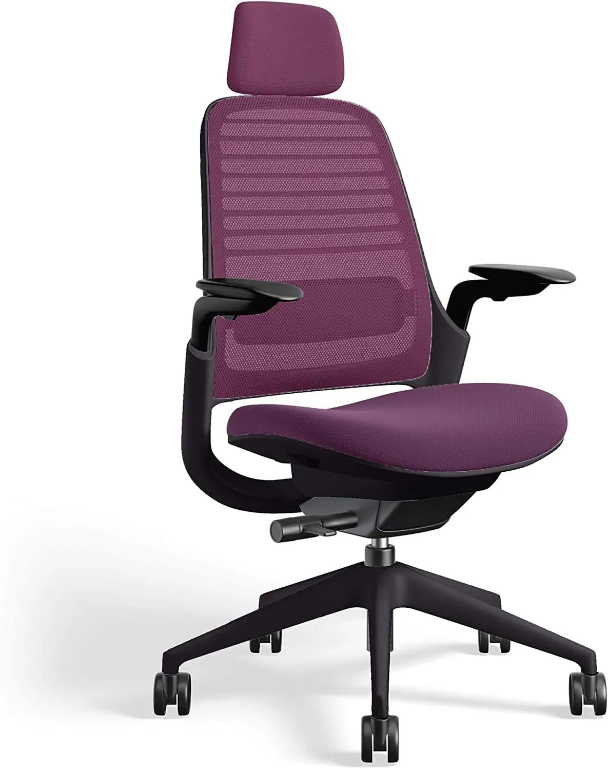 Steelcase Series 1 Office Task Chair with Headrest Black Frame 3D Microknit Back 4-Way Adjustable Arms Carpet Casters and Concord Purple 5S19 Cogent Connect Upholstery