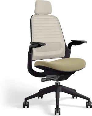 Steelcase Series 1 Office Task Chair with Headrest Black Frame 3D Microknit Back 4-Way Adjustable Arms Carpet Casters and Malt 5S27 Cogent Connect Upholstery