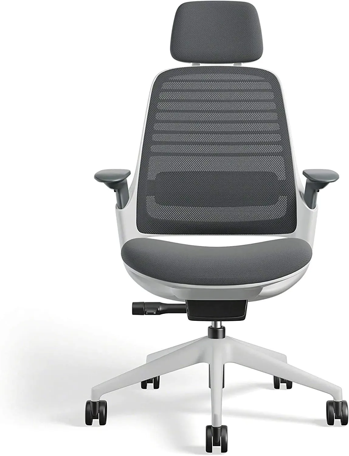 Steelcase Series 1 Office Task Chair with Headrest Black Frame 3D Microknit Back 4-Way Adjustable Arms Soft Hard Floor Casters and Licorice Black 5S26 Cogent Connect Upholstery