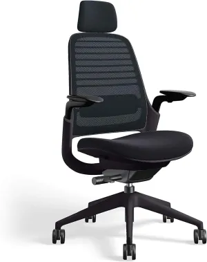 Steelcase Series 1 Office Task Chair with Headrest Black Frame 3D Microknit Back 4-Way Adjustable Arms Soft Hard Floor Casters and Licorice Black 5S26 Cogent Connect Upholstery