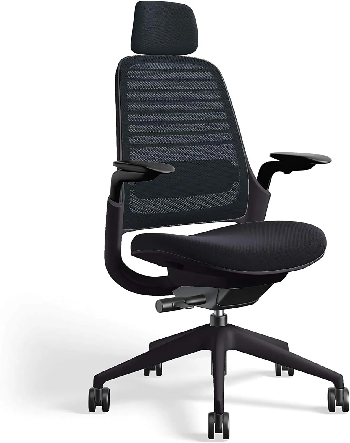 Steelcase Series 1 Office Task Chair with Headrest Black Frame 3D Microknit Back 4-Way Adjustable Arms Soft Hard Floor Casters and Licorice Black 5S26 Cogent Connect Upholstery
