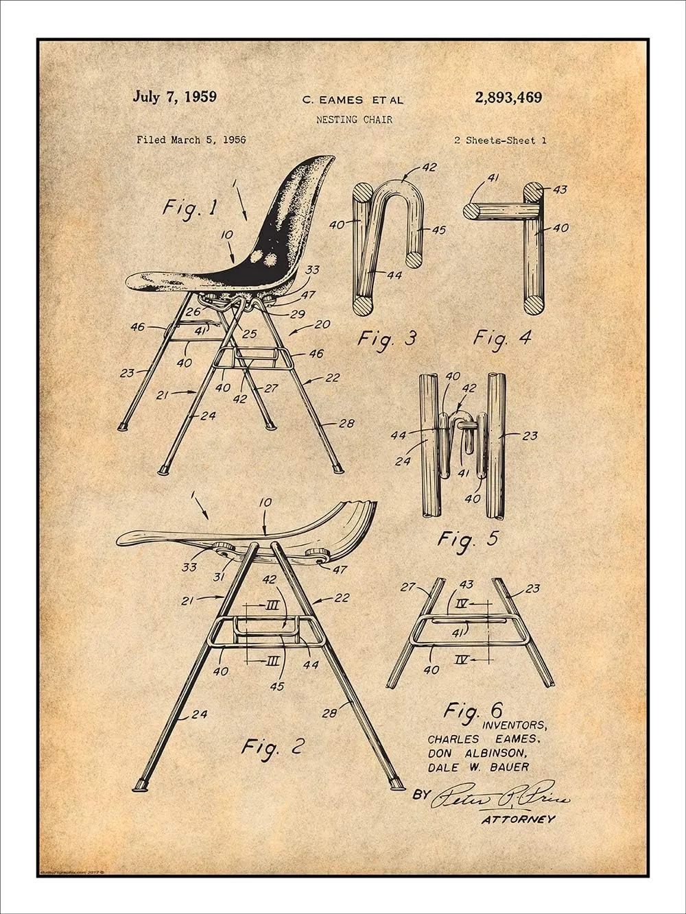 Studio 21 Graphix 1956 Eames Stackable Nesting Chair Patent Print Art Poster UNFRAMED Parchment 18" X 24"