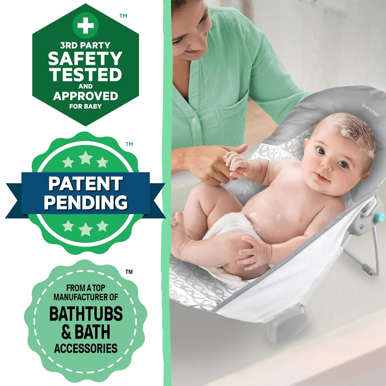 Summer by Ingenuity Foldaway 2-Position Baby Bath Seat, Adjustable Support for Sink or Bathtub, Ages 0-6 Months up to 20 Pounds, Machine-Washable Sling