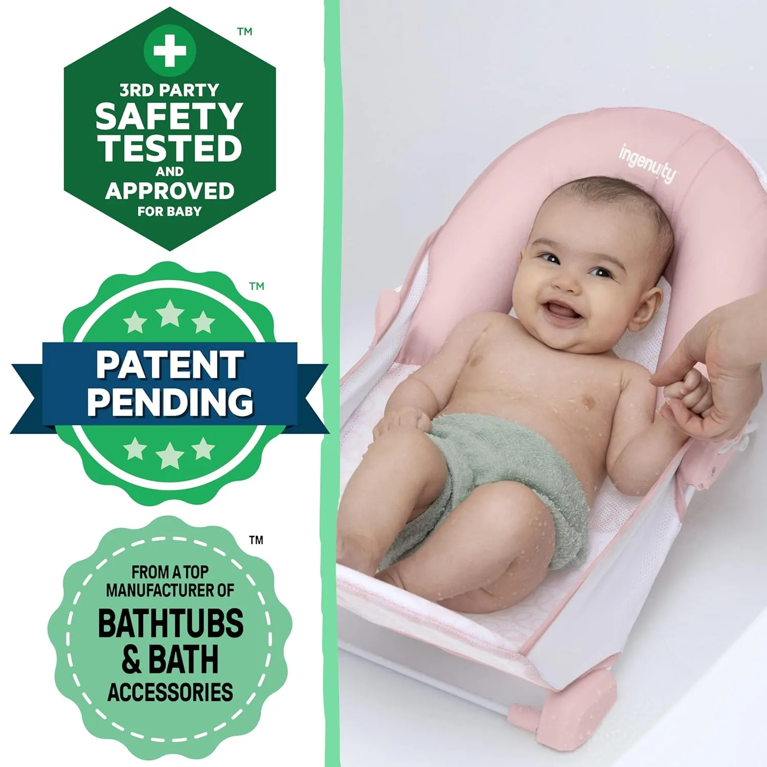 Summer Infant by Ingenuity Foldaway 2-Position Bather, 2-Position Adjustable Support Baby Bath seat for Sink or Bathtub, Ages 0-6 Months, up to 20 pounds, Pink