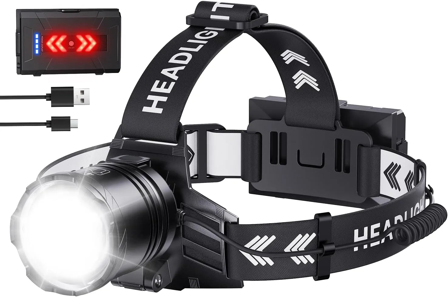 Super Bright Headlamp Rechargeable 2980 Lumens, 7 Modes Head Lamp, Zoomable Head Light for Forhead, 90° Adjustable Headlamps for Adults,9000mAh Long Runtime & Waterproof Fishing, Camping