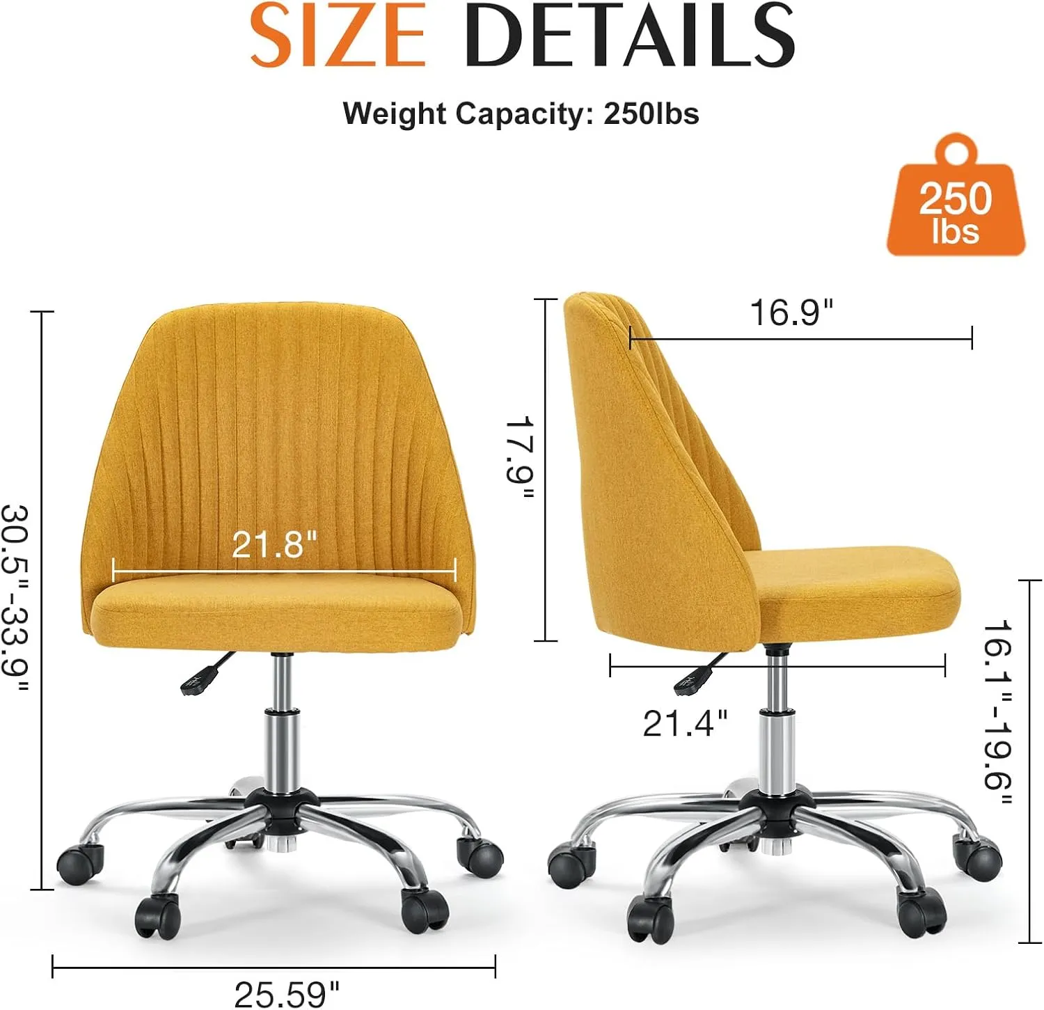 Sweetcrispy Armless Office Chair, Modern Fabric Home Office Desk Chairs with Wheels Adjustable Swivel Task Computer Vanity Seat for Small Spaces