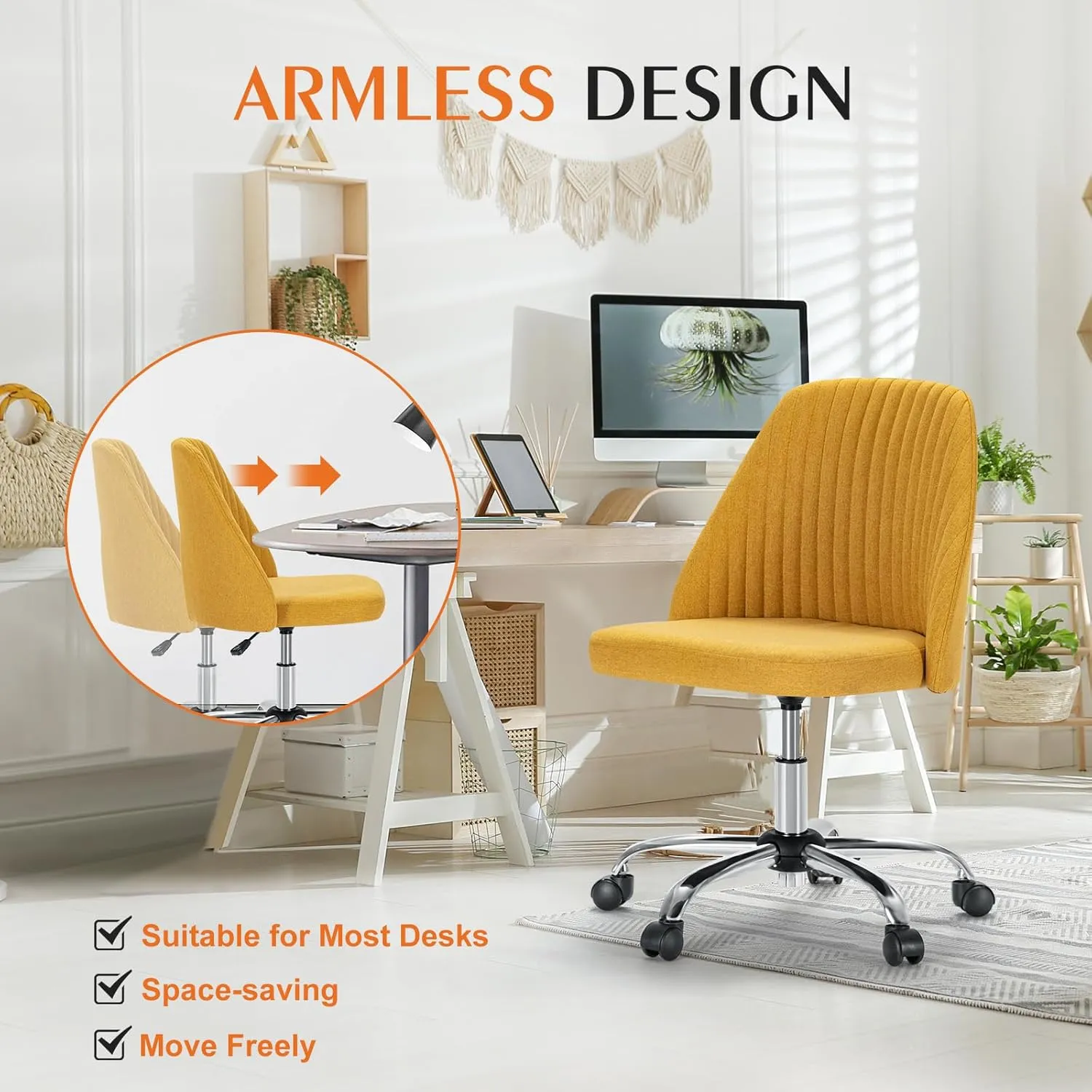 Sweetcrispy Armless Office Chair, Modern Fabric Home Office Desk Chairs with Wheels Adjustable Swivel Task Computer Vanity Seat for Small Spaces