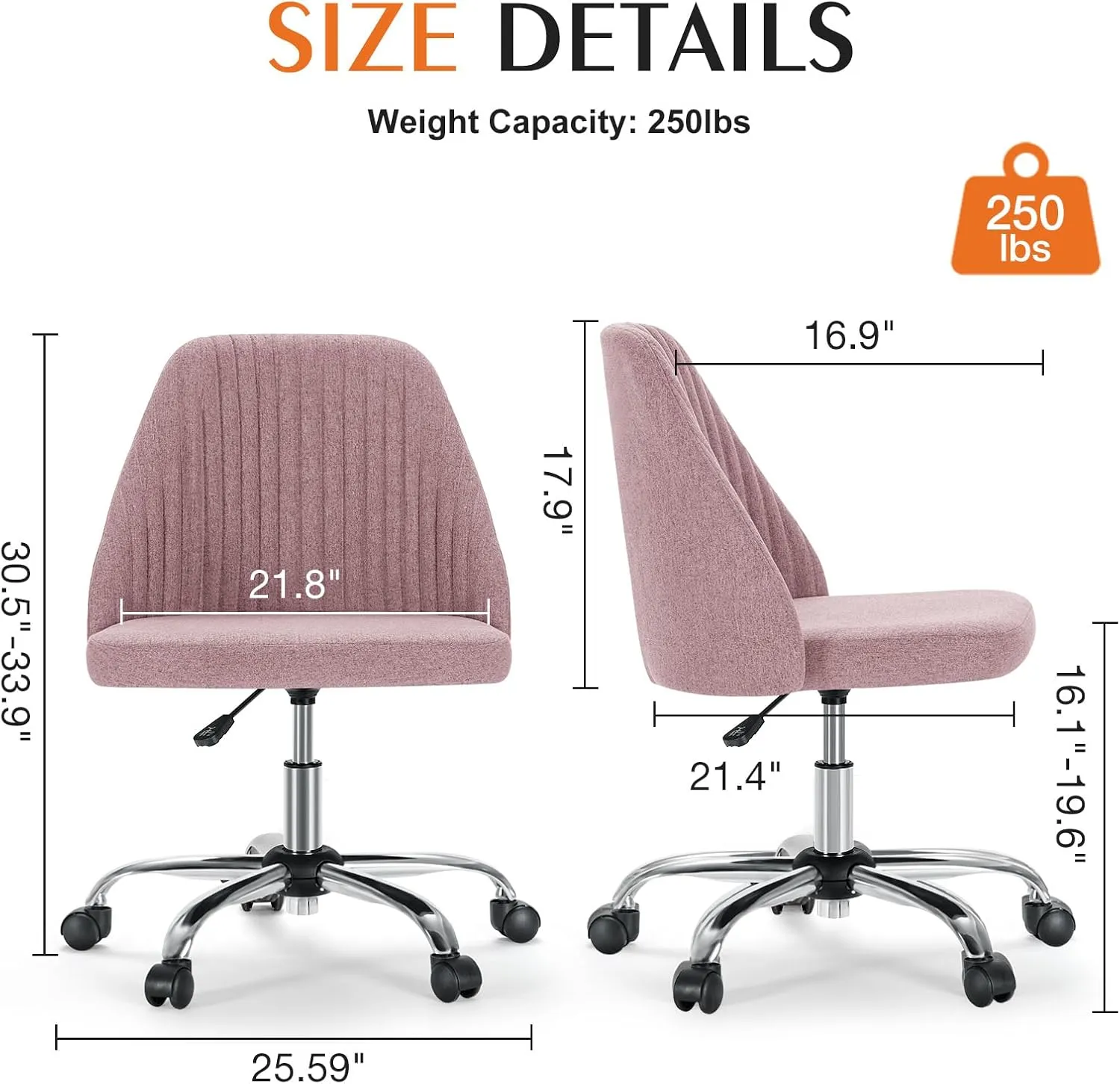 Sweetcrispy Armless Office Chair, Modern Fabric Home Office Desk Chairs with Wheels Adjustable Swivel Task Computer Vanity Seat for Small Spaces