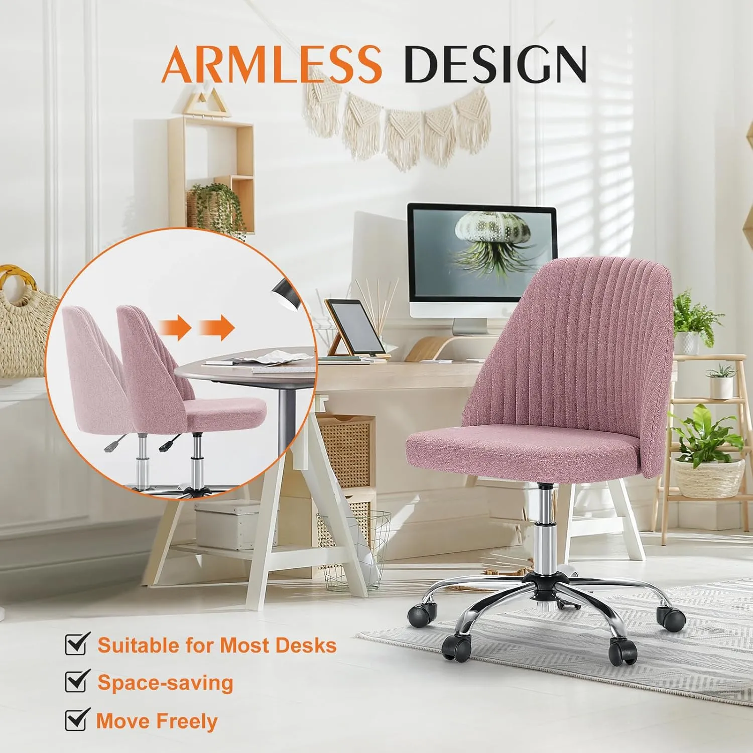 Sweetcrispy Armless Office Chair, Modern Fabric Home Office Desk Chairs with Wheels Adjustable Swivel Task Computer Vanity Seat for Small Spaces