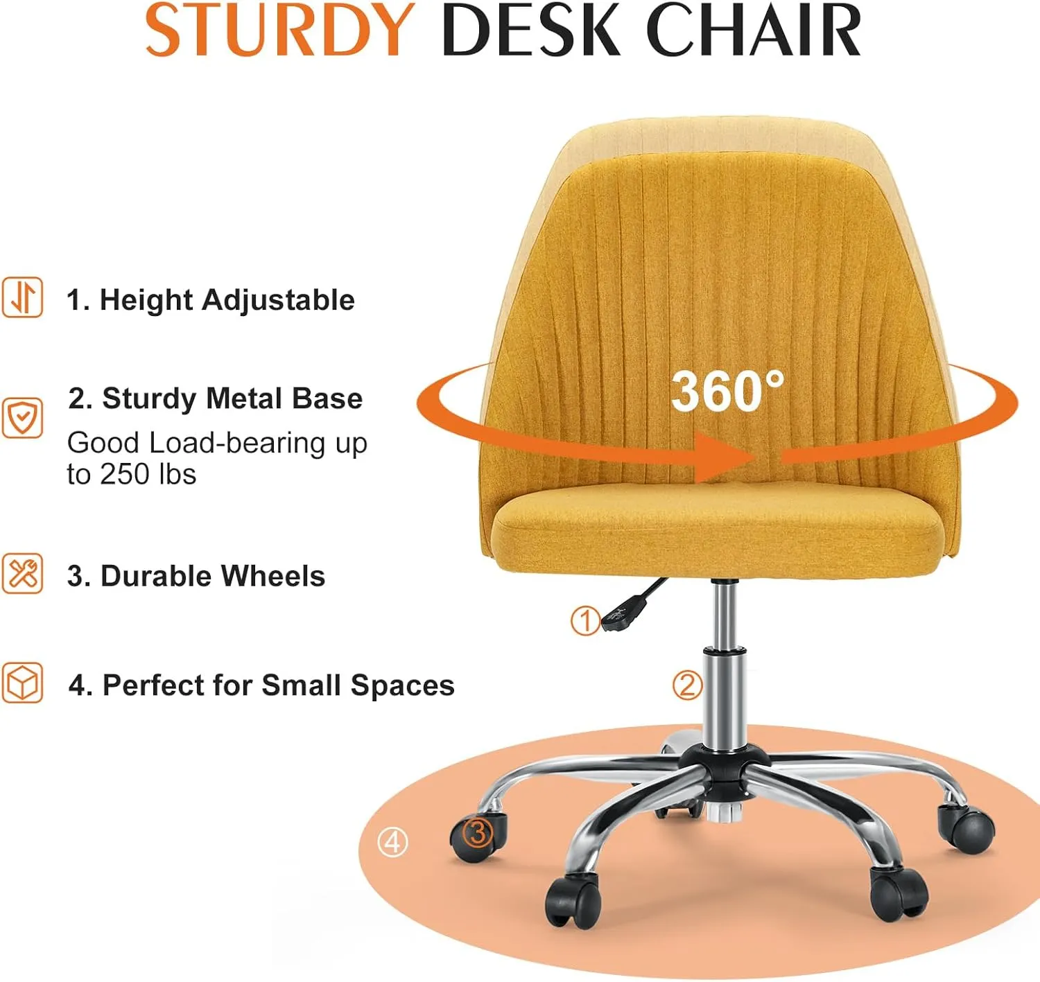 Sweetcrispy Armless Office Chair, Modern Fabric Home Office Desk Chairs with Wheels Adjustable Swivel Task Computer Vanity Seat for Small Spaces