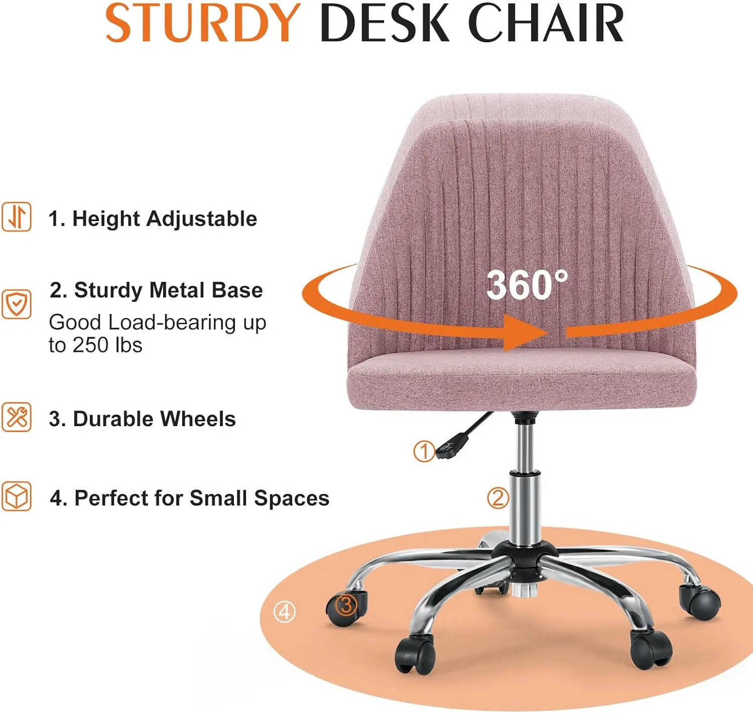 Sweetcrispy Armless Office Chair, Modern Fabric Home Office Desk Chairs with Wheels Adjustable Swivel Task Computer Vanity Seat for Small Spaces