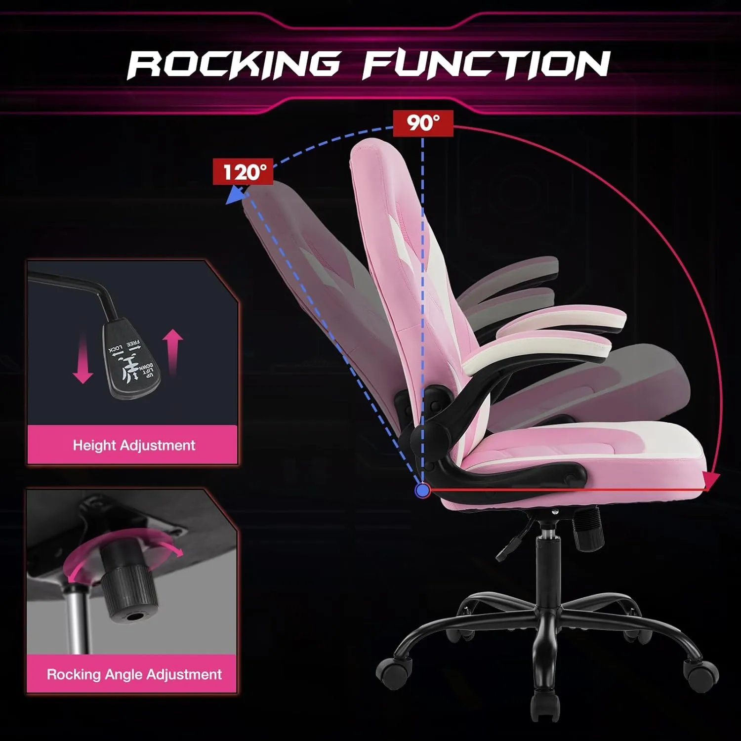 Sweetcrispy Computer Gaming Desk Chair - Pink Ergonomic Office Executive Adjustable Swivel Task PU Leather Racing Chair with Flip-up Armrest for Adults, Kids, Men, Girls, Gamer, White Pink