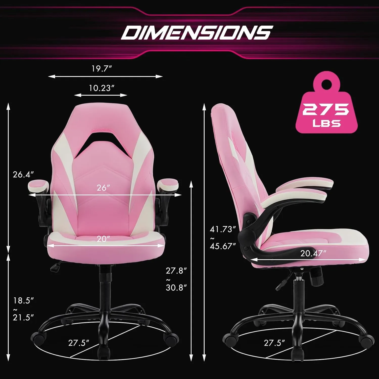 Sweetcrispy Computer Gaming Desk Chair - Pink Ergonomic Office Executive Adjustable Swivel Task PU Leather Racing Chair with Flip-up Armrest for Adults, Kids, Men, Girls, Gamer, White Pink