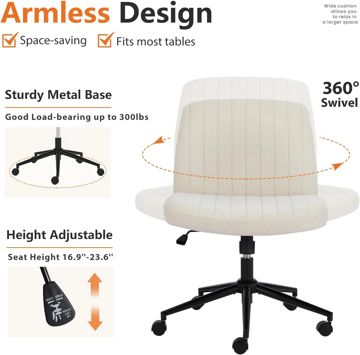 Sweetcrispy Criss Cross Chair Legged, Armless Office Desk Chair with Wheels, Swivel Vanity Height Adjustable Wide Seat Computer Task Seating - Fabric Beige
