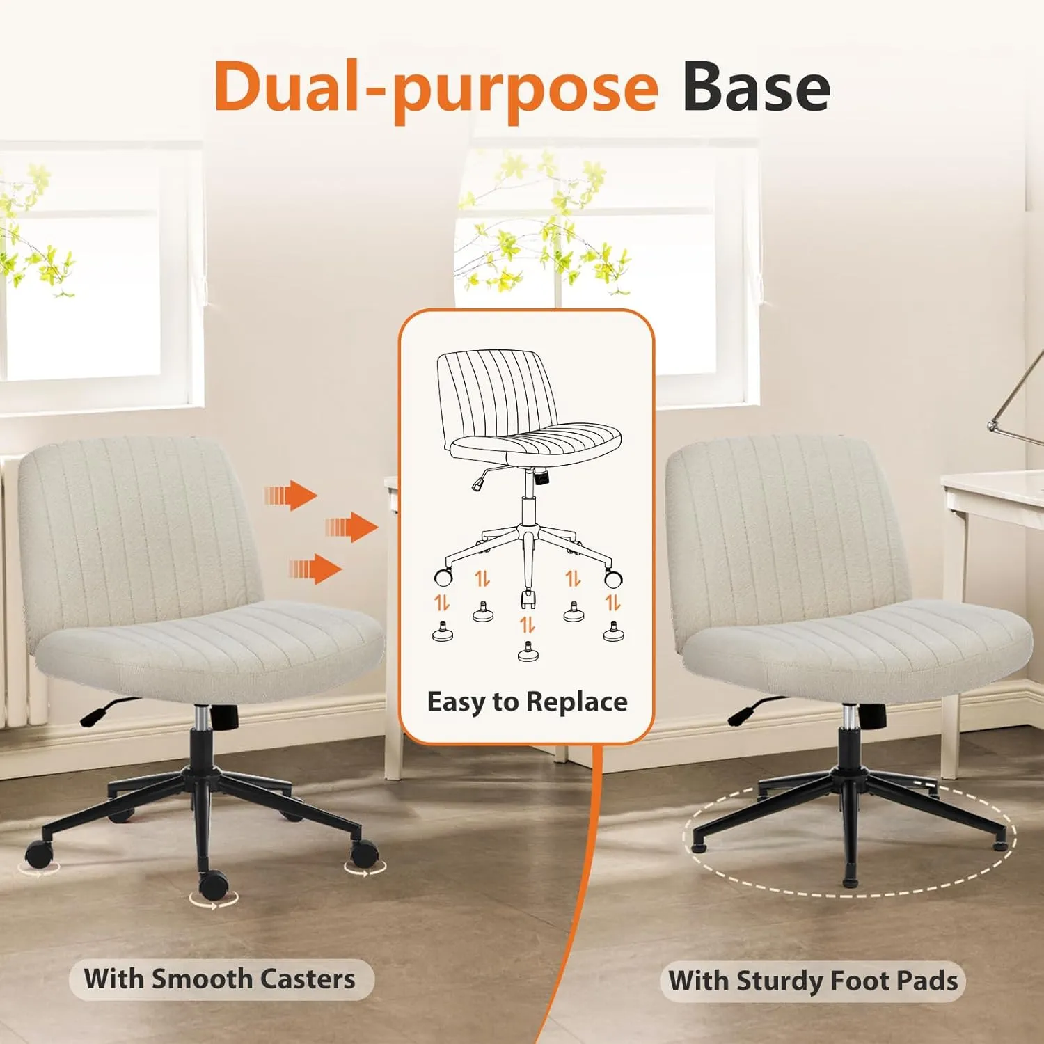 Sweetcrispy Criss Cross Chair Legged, Armless Office Desk Chair with Wheels, Swivel Vanity Height Adjustable Wide Seat Computer Task Seating - Fabric Beige