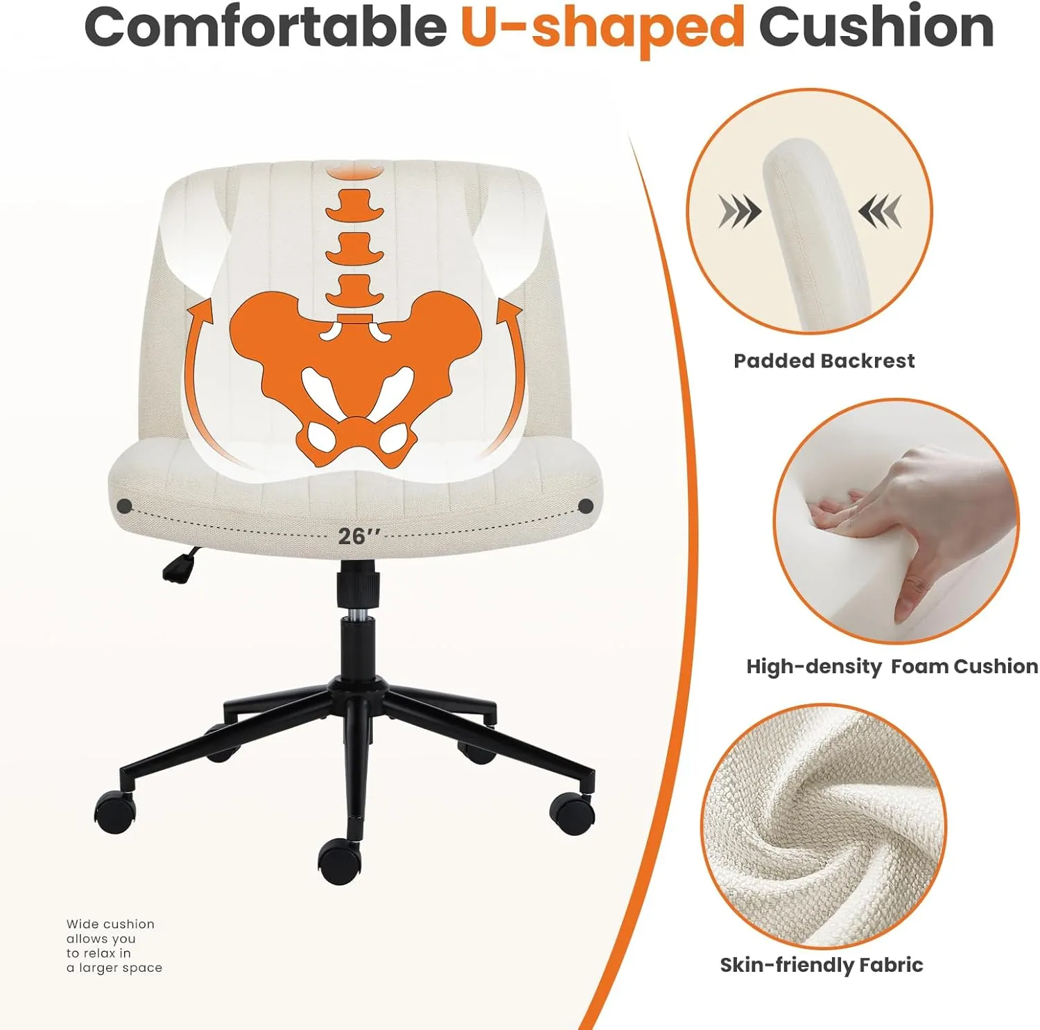 Sweetcrispy Criss Cross Chair Legged, Armless Office Desk Chair with Wheels, Swivel Vanity Height Adjustable Wide Seat Computer Task Seating - Fabric Beige