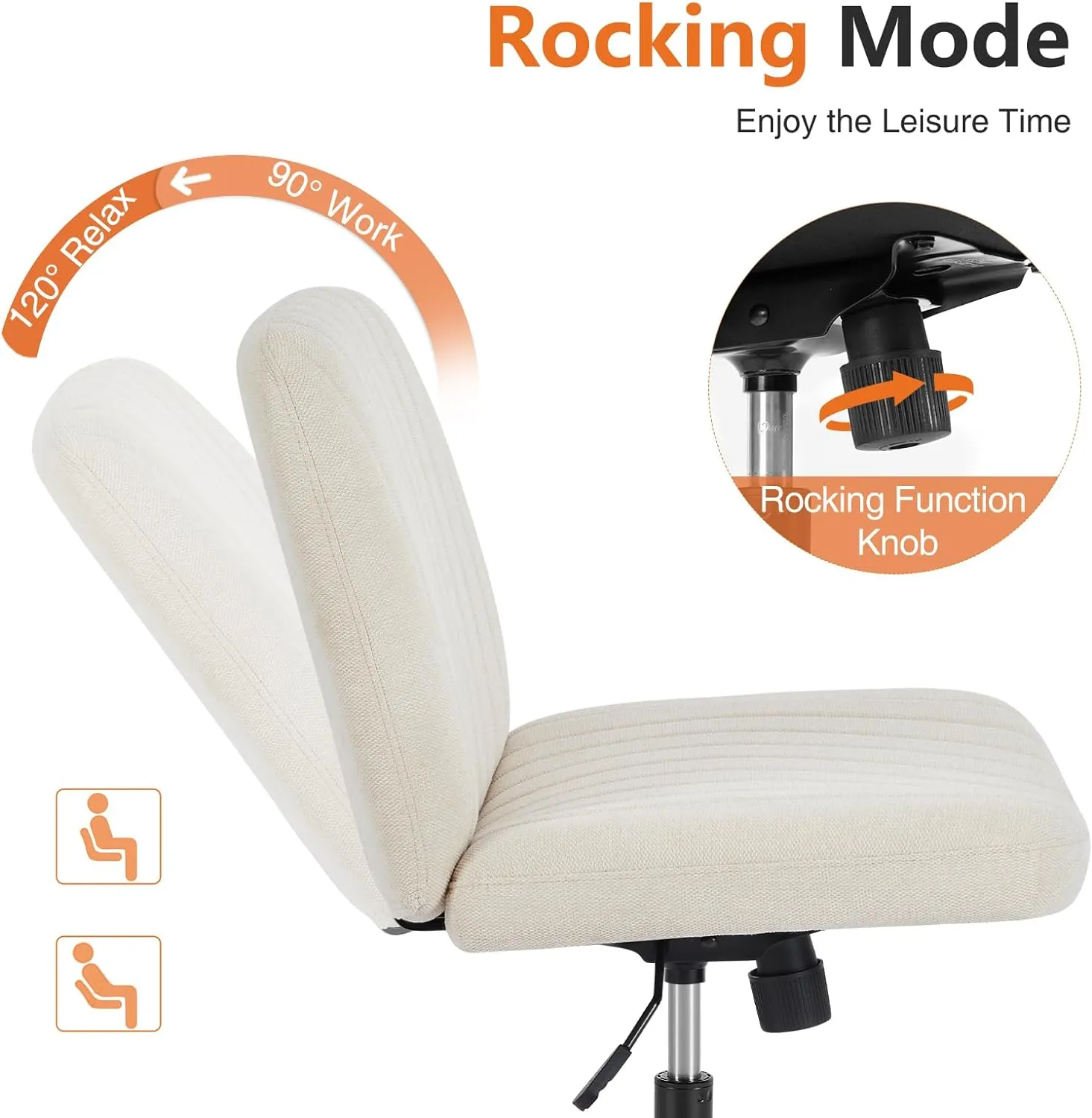 Sweetcrispy Criss Cross Chair Legged, Armless Office Desk Chair with Wheels, Swivel Vanity Height Adjustable Wide Seat Computer Task Seating - Fabric Beige
