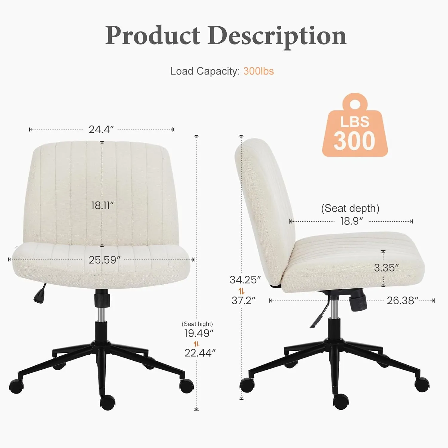 Sweetcrispy Criss Cross Chair Legged, Armless Office Desk Chair with Wheels, Swivel Vanity Height Adjustable Wide Seat Computer Task Seating - Fabric Beige