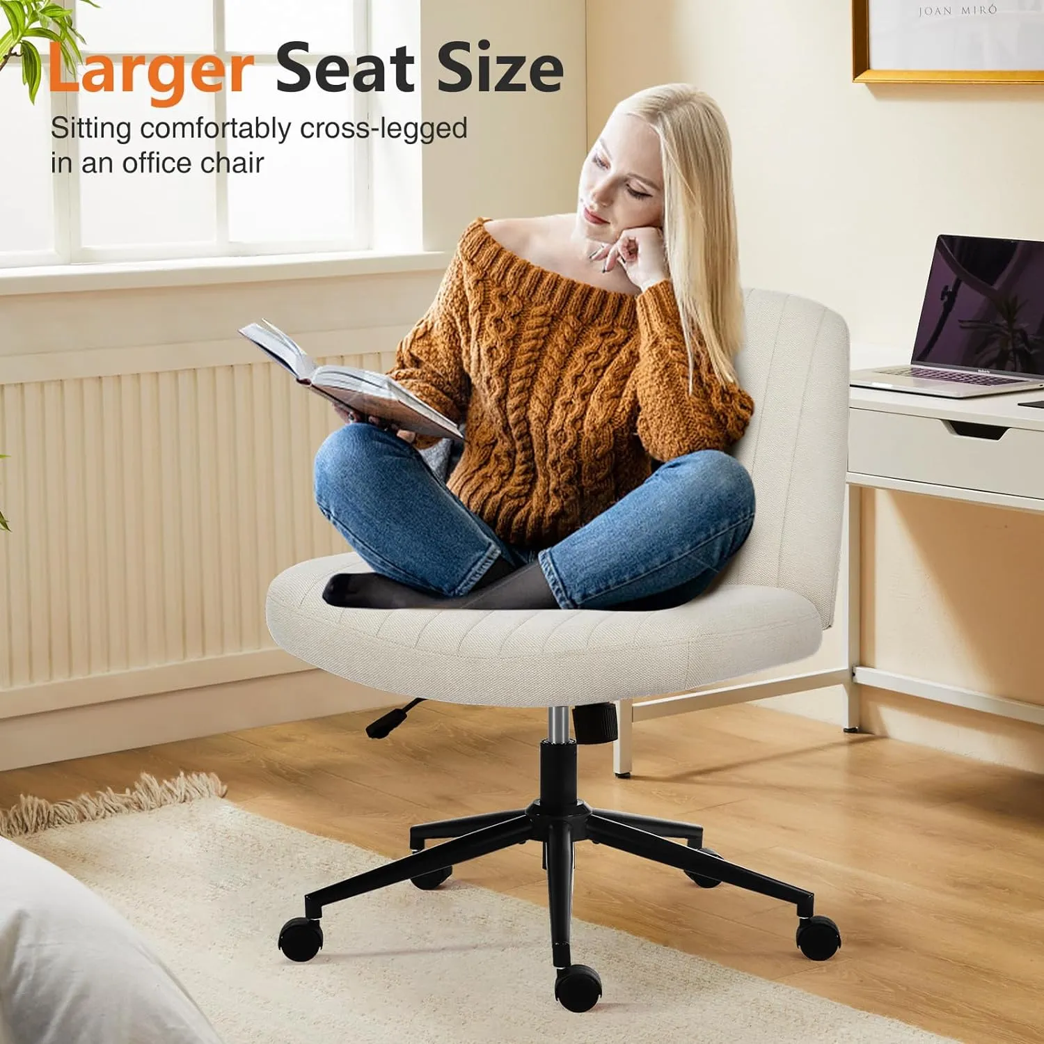 Sweetcrispy Criss Cross Chair Legged, Armless Office Desk Chair with Wheels, Swivel Vanity Height Adjustable Wide Seat Computer Task Seating - Fabric Beige