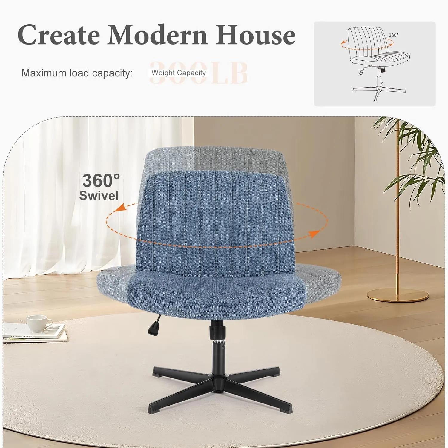 Sweetcrispy Criss Cross Chair Legged, Armless Office Wide Desk Chair No Wheels, Swivel Vanity Height Adjustable Fabric Modern Computer Task Seating for Home - Blue