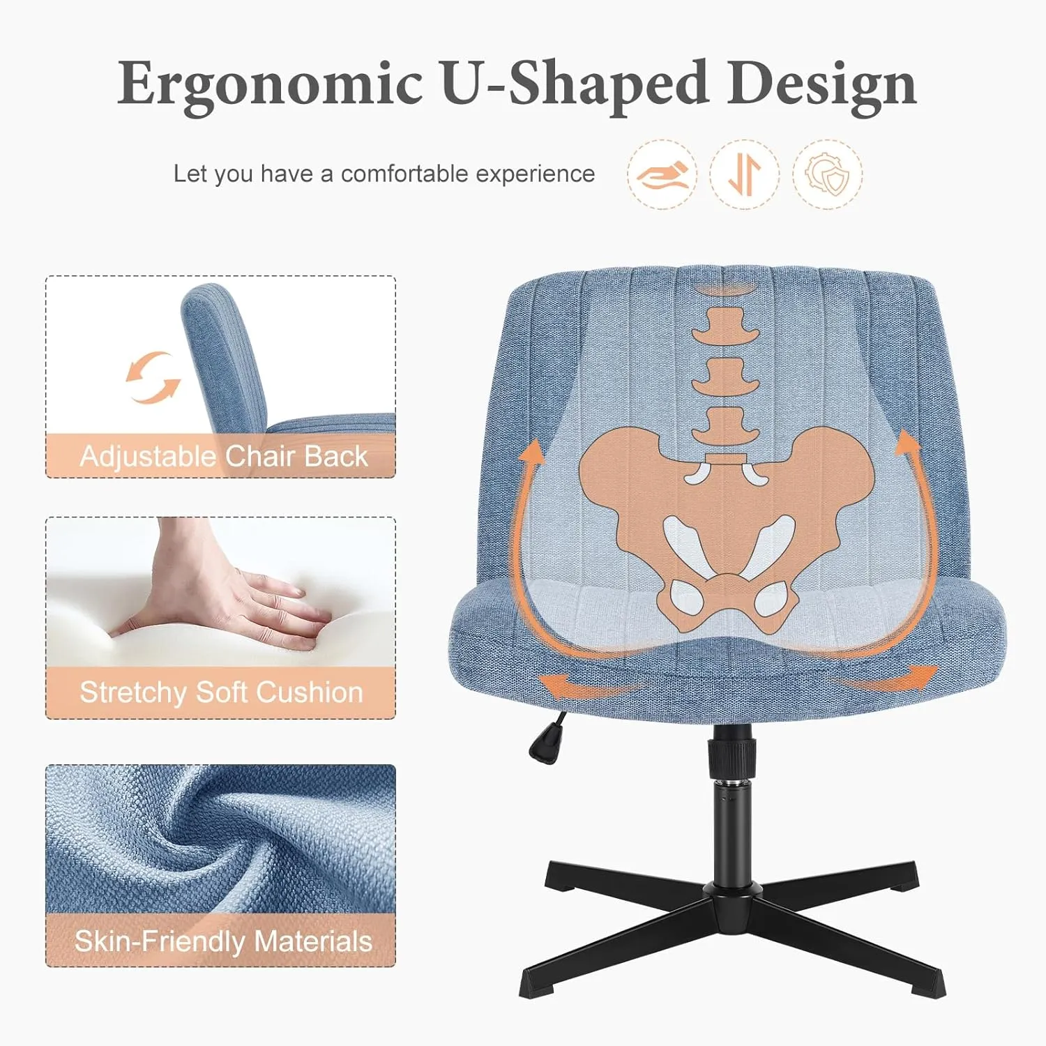 Sweetcrispy Criss Cross Chair Legged, Armless Office Wide Desk Chair No Wheels, Swivel Vanity Height Adjustable Fabric Modern Computer Task Seating for Home - Blue
