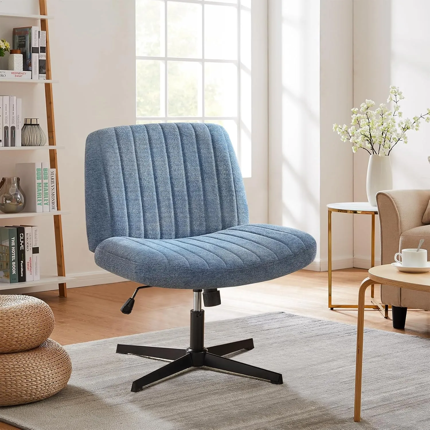 Sweetcrispy Criss Cross Chair Legged, Armless Office Wide Desk Chair No Wheels, Swivel Vanity Height Adjustable Fabric Modern Computer Task Seating for Home - Blue