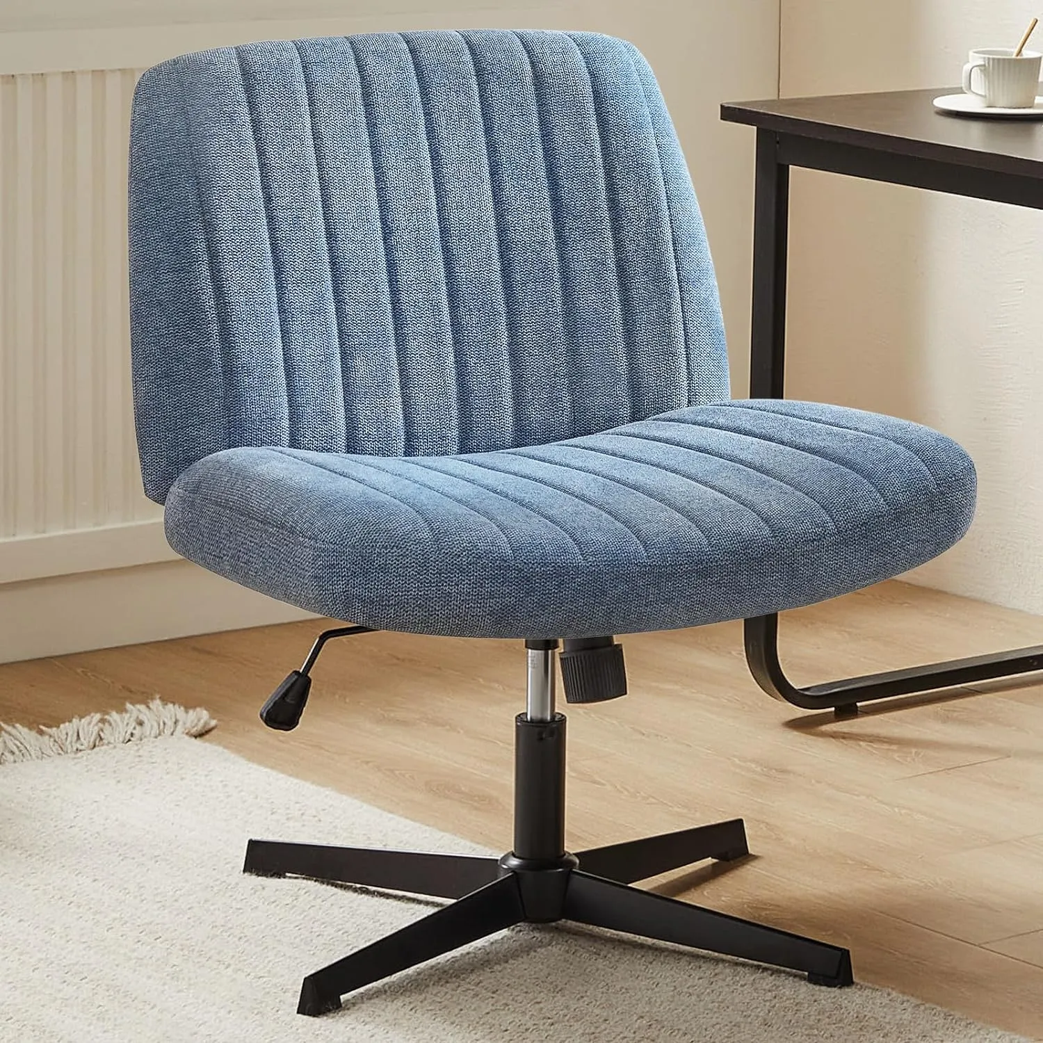 Sweetcrispy Criss Cross Chair Legged, Armless Office Wide Desk Chair No Wheels, Swivel Vanity Height Adjustable Fabric Modern Computer Task Seating for Home - Blue