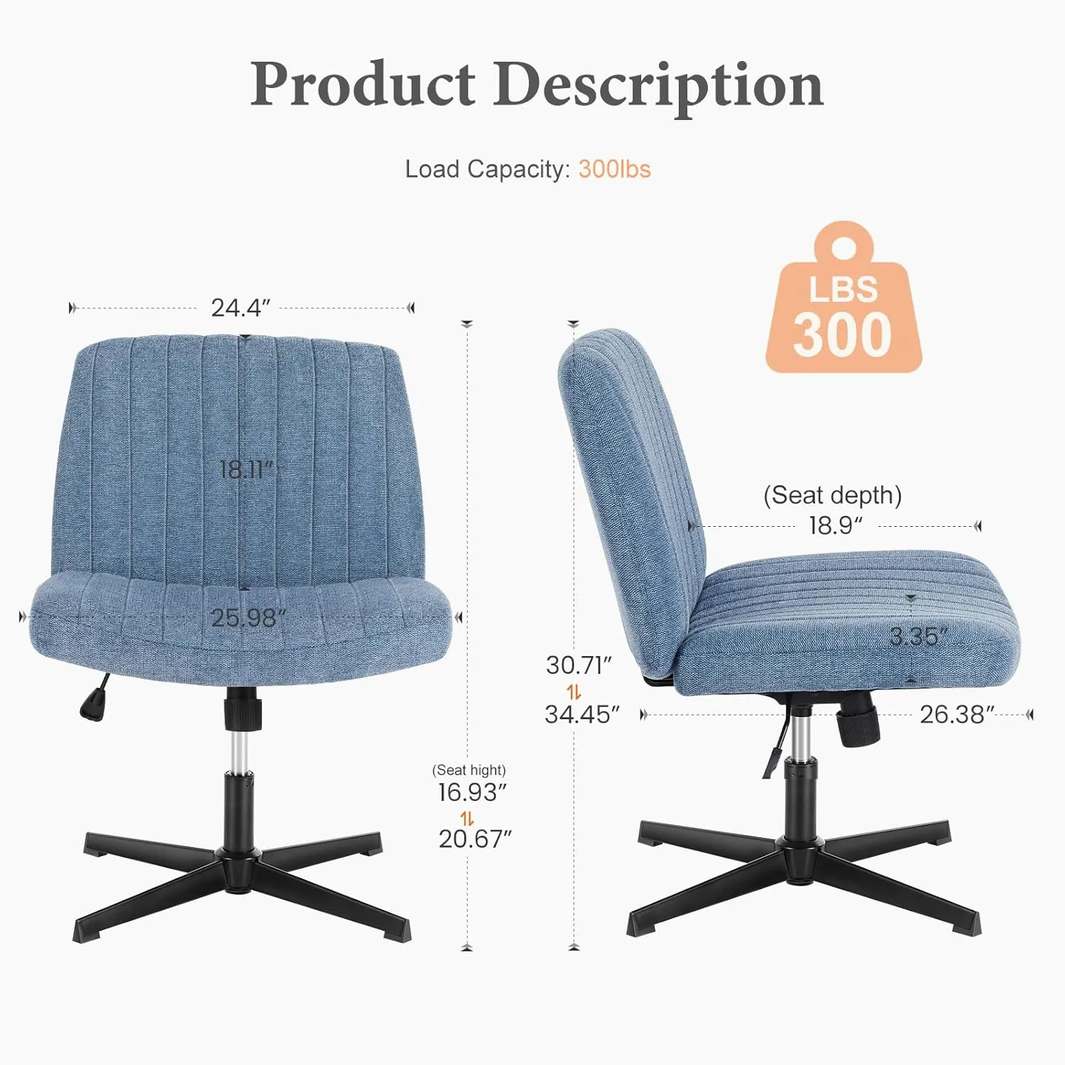 Sweetcrispy Criss Cross Chair Legged, Armless Office Wide Desk Chair No Wheels, Swivel Vanity Height Adjustable Fabric Modern Computer Task Seating for Home - Blue