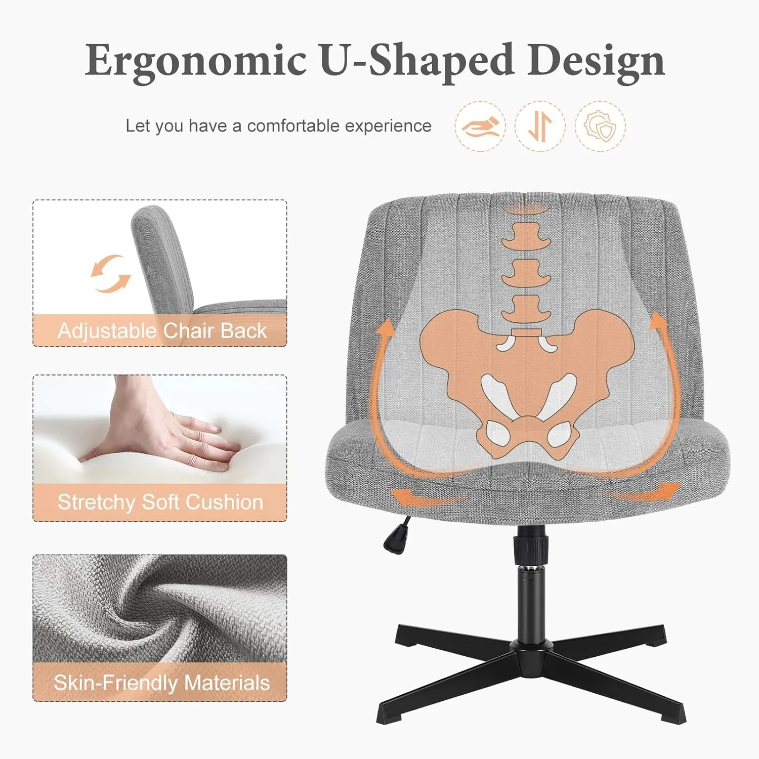 Sweetcrispy Criss Cross Chair Legged, Armless Office Wide Desk Chair No Wheels, Swivel Vanity Height Adjustable Fabric Modern Computer Task Seating for Home - Grey