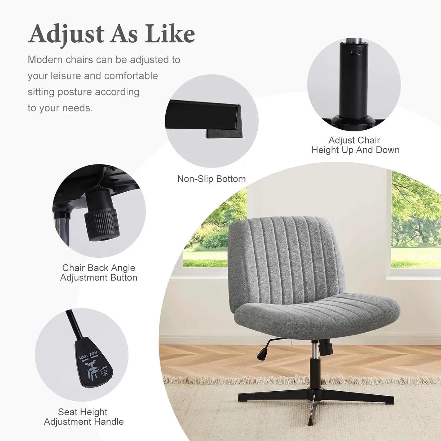 Sweetcrispy Criss Cross Chair Legged, Armless Office Wide Desk Chair No Wheels, Swivel Vanity Height Adjustable Fabric Modern Computer Task Seating for Home - Grey