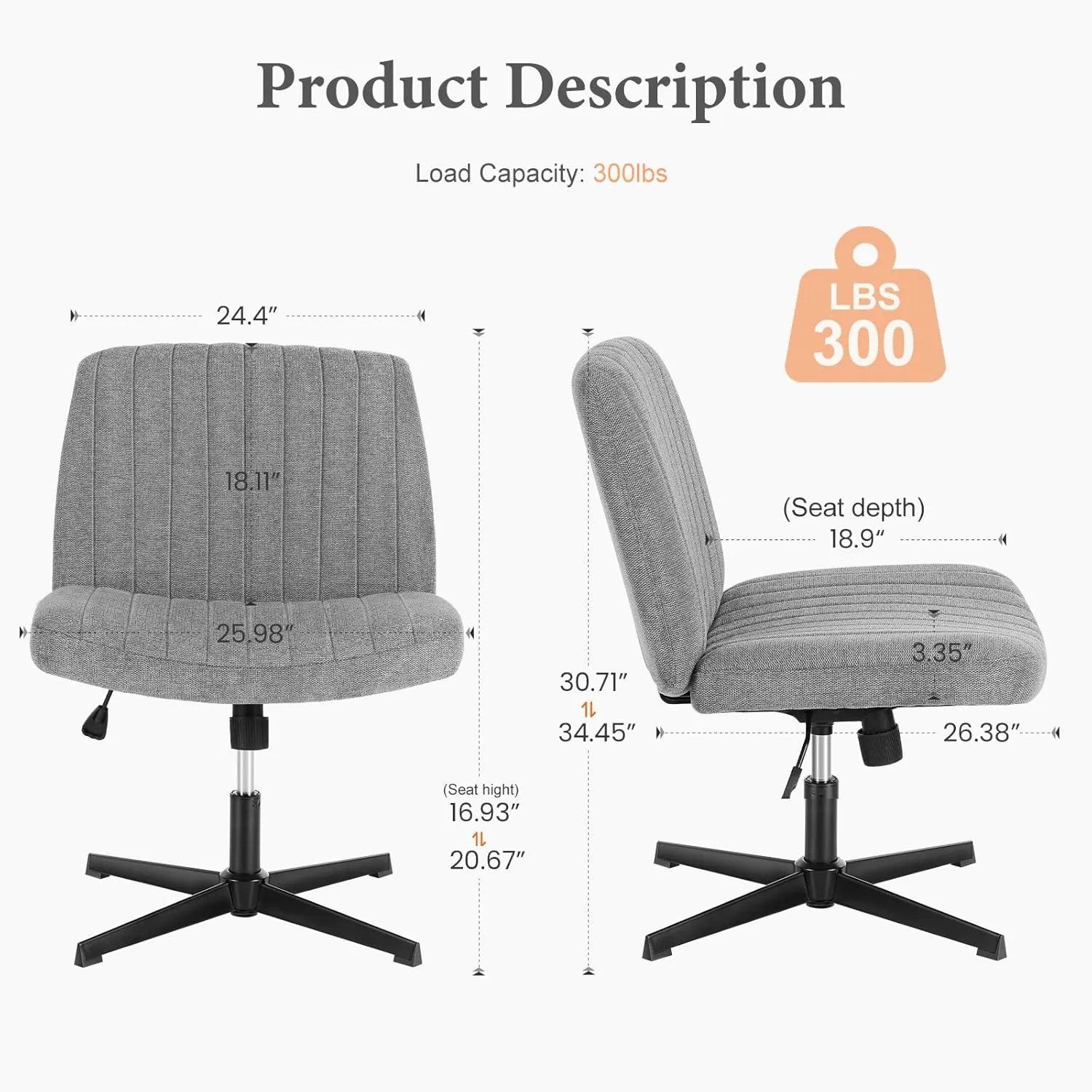 Sweetcrispy Criss Cross Chair Legged, Armless Office Wide Desk Chair No Wheels, Swivel Vanity Height Adjustable Fabric Modern Computer Task Seating for Home - Grey