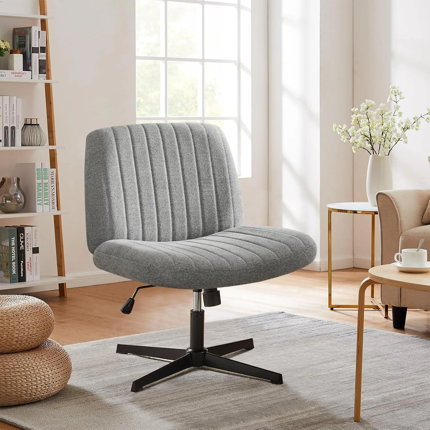Sweetcrispy Criss Cross Chair Legged, Armless Office Wide Desk Chair No Wheels, Swivel Vanity Height Adjustable Fabric Modern Computer Task Seating for Home - Grey