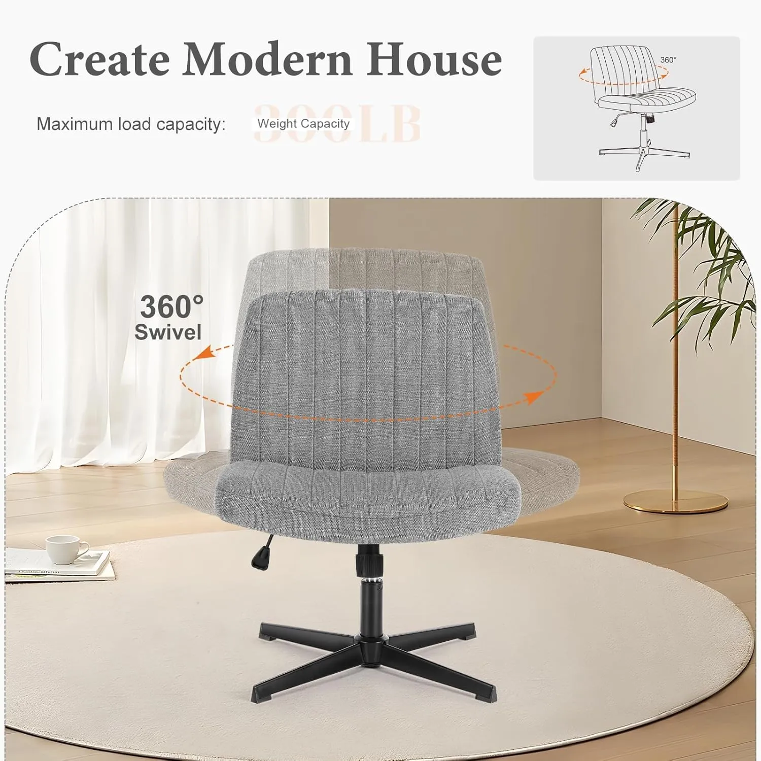 Sweetcrispy Criss Cross Chair Legged, Armless Office Wide Desk Chair No Wheels, Swivel Vanity Height Adjustable Fabric Modern Computer Task Seating for Home - Grey