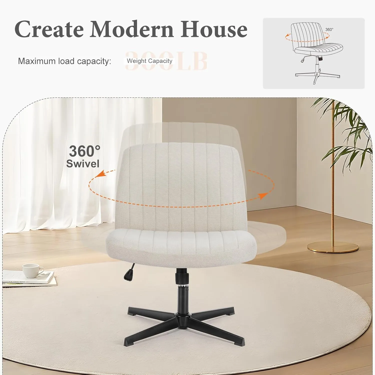 Sweetcrispy Criss Cross Chair Legged, Armless Office Wide Desk Chair No Wheels, Swivel Vanity Height Adjustable Fabric Modern Computer Task Seating for Home - Pearl White