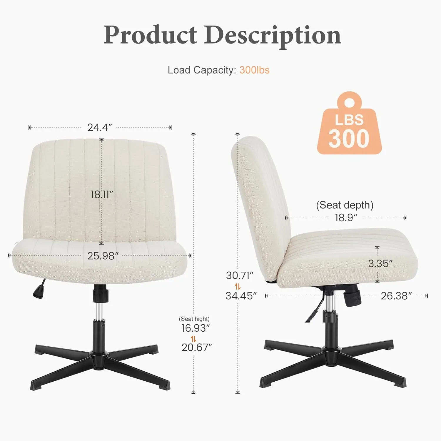 Sweetcrispy Criss Cross Chair Legged, Armless Office Wide Desk Chair No Wheels, Swivel Vanity Height Adjustable Fabric Modern Computer Task Seating for Home - Pearl White