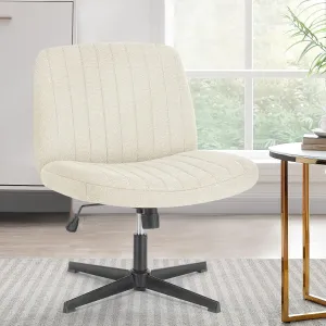 Sweetcrispy Criss Cross Chair Legged, Armless Office Wide Desk Chair No Wheels, Swivel Vanity Height Adjustable Fabric Modern Computer Task Seating for Home - Pearl White