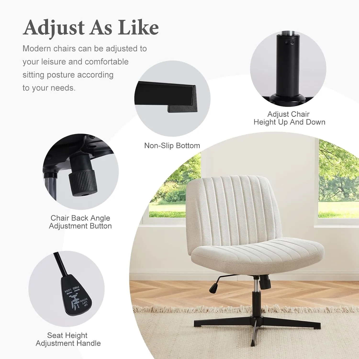 Sweetcrispy Criss Cross Chair Legged, Armless Office Wide Desk Chair No Wheels, Swivel Vanity Height Adjustable Fabric Modern Computer Task Seating for Home - Pearl White