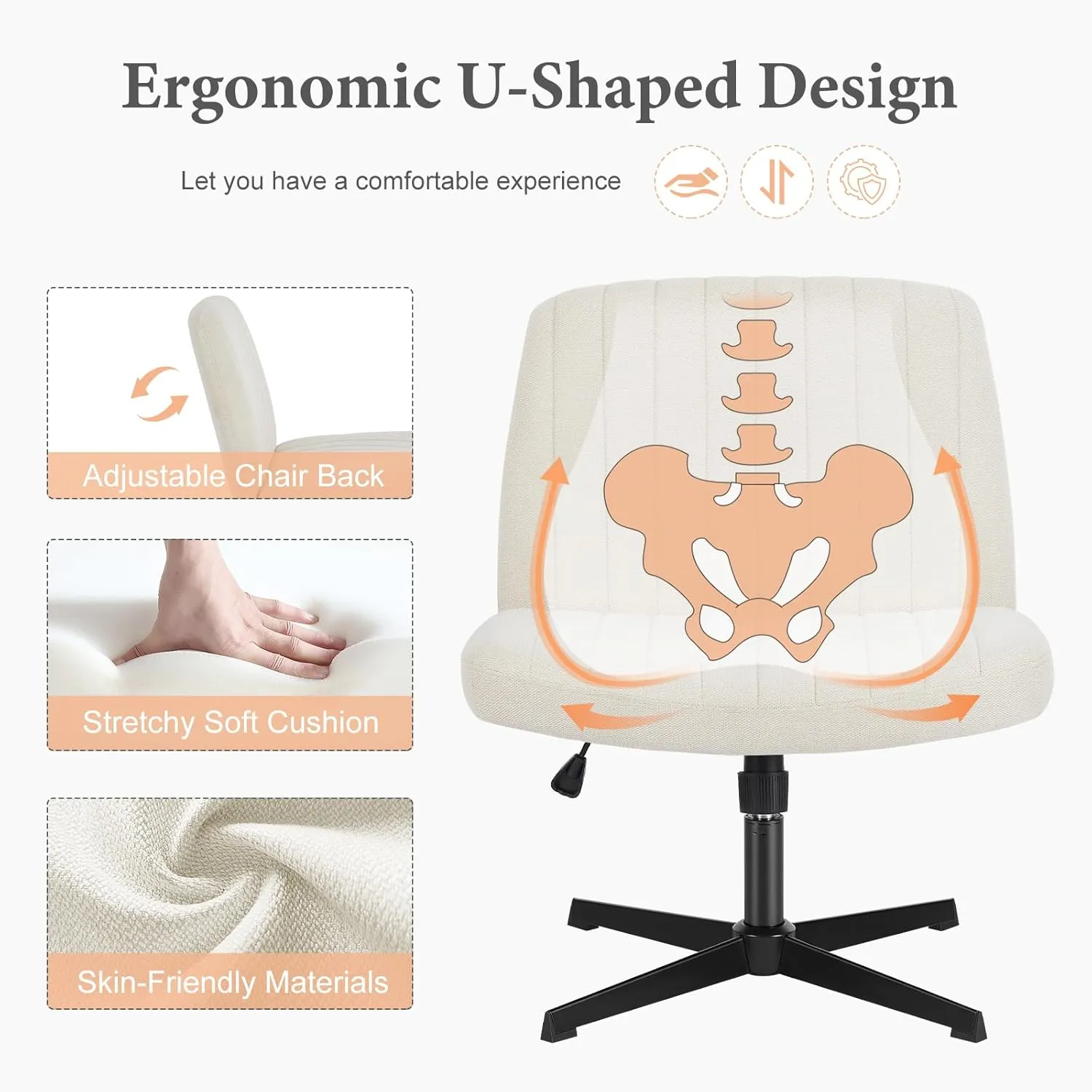 Sweetcrispy Criss Cross Chair Legged, Armless Office Wide Desk Chair No Wheels, Swivel Vanity Height Adjustable Fabric Modern Computer Task Seating for Home - Pearl White