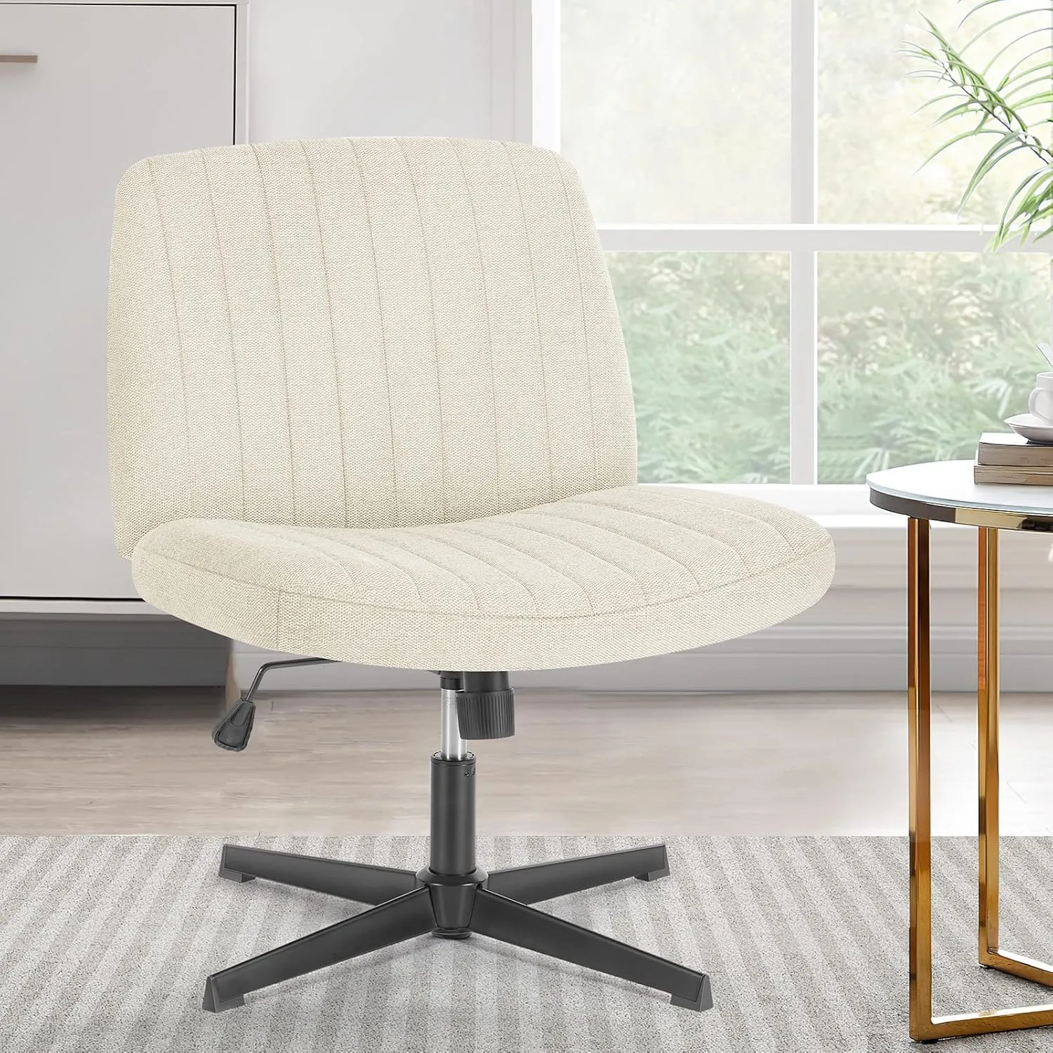 Sweetcrispy Criss Cross Chair Legged, Armless Office Wide Desk Chair No Wheels, Swivel Vanity Height Adjustable Fabric Modern Computer Task Seating for Home - Pearl White