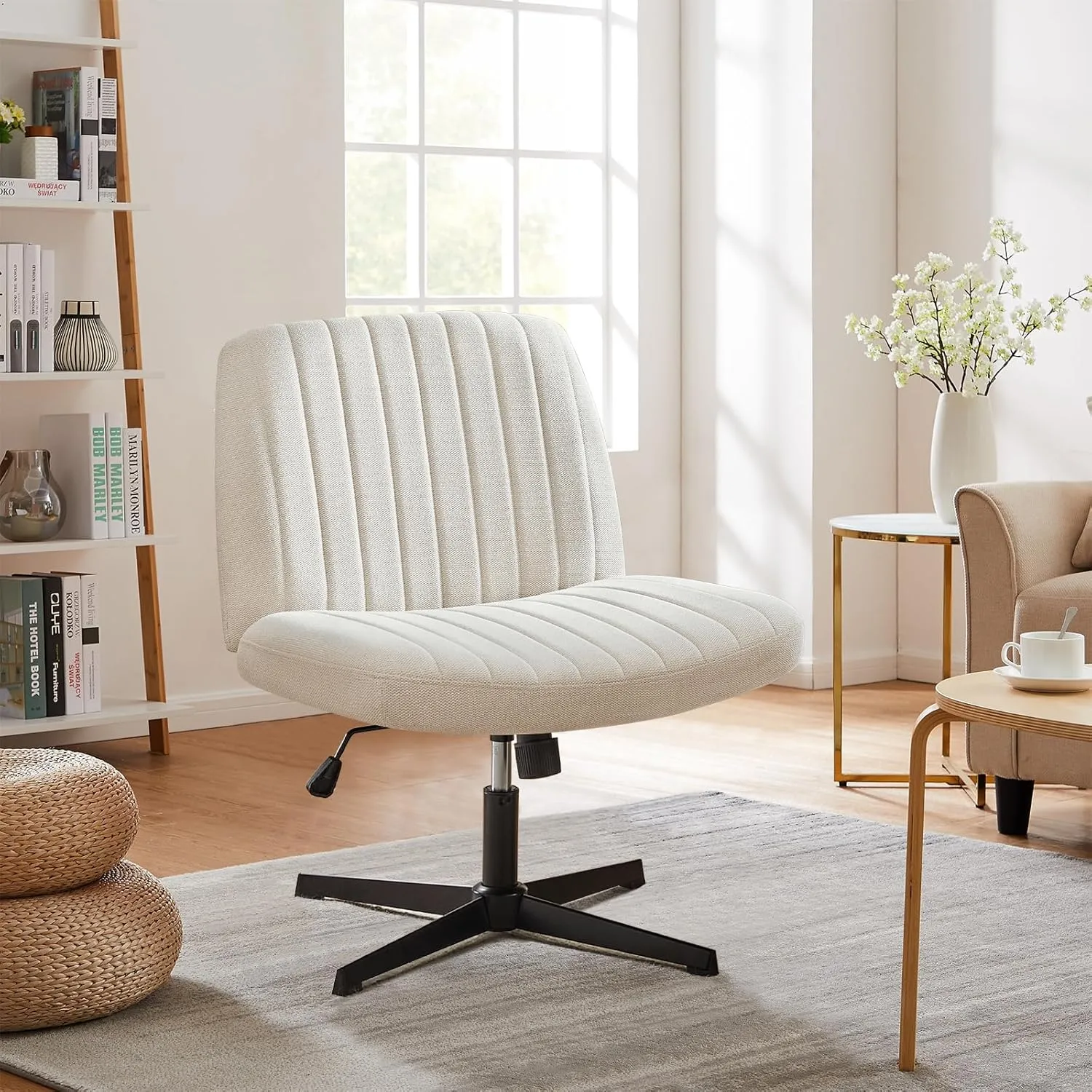 Sweetcrispy Criss Cross Chair Legged, Armless Office Wide Desk Chair No Wheels, Swivel Vanity Height Adjustable Fabric Modern Computer Task Seating for Home - Pearl White
