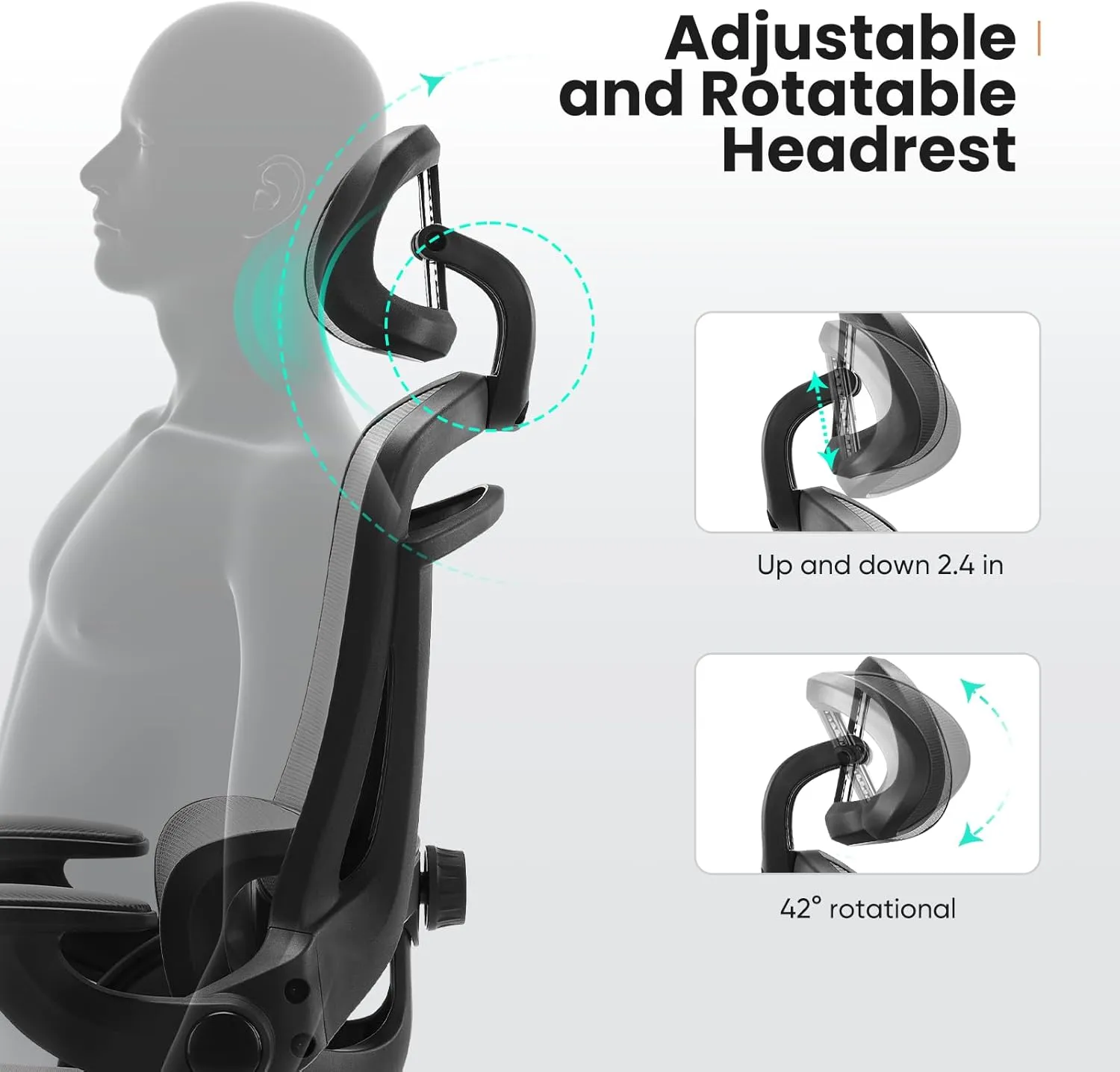 Sweetcrispy Ergonomic Office Chair, High Back with 2D Headrest, Up&Down Lumbar Support, Swivel Computer Task Mesh Desk Chairs with Adjustable Flip-up Armrests,Light Grey