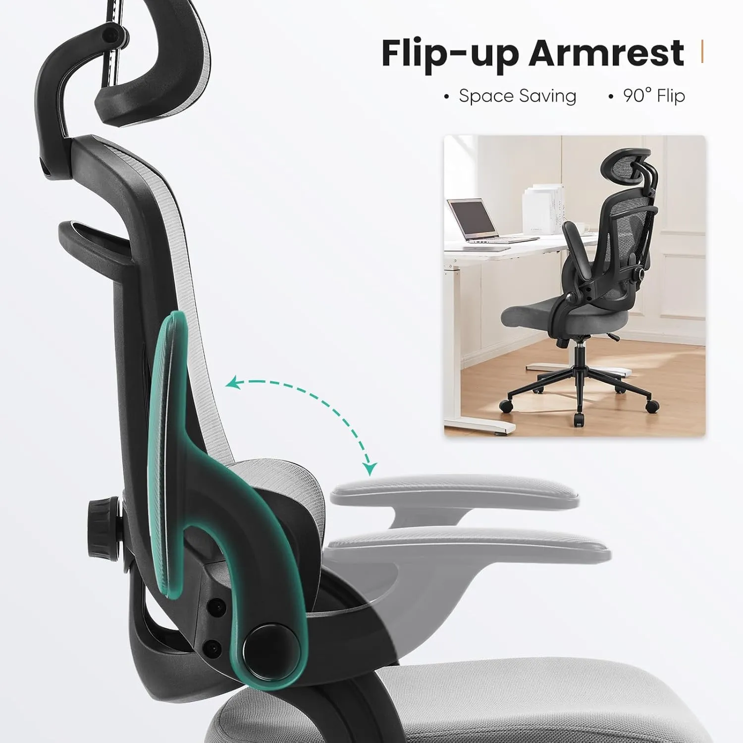 Sweetcrispy Ergonomic Office Chair, High Back with 2D Headrest, Up&Down Lumbar Support, Swivel Computer Task Mesh Desk Chairs with Adjustable Flip-up Armrests,Light Grey