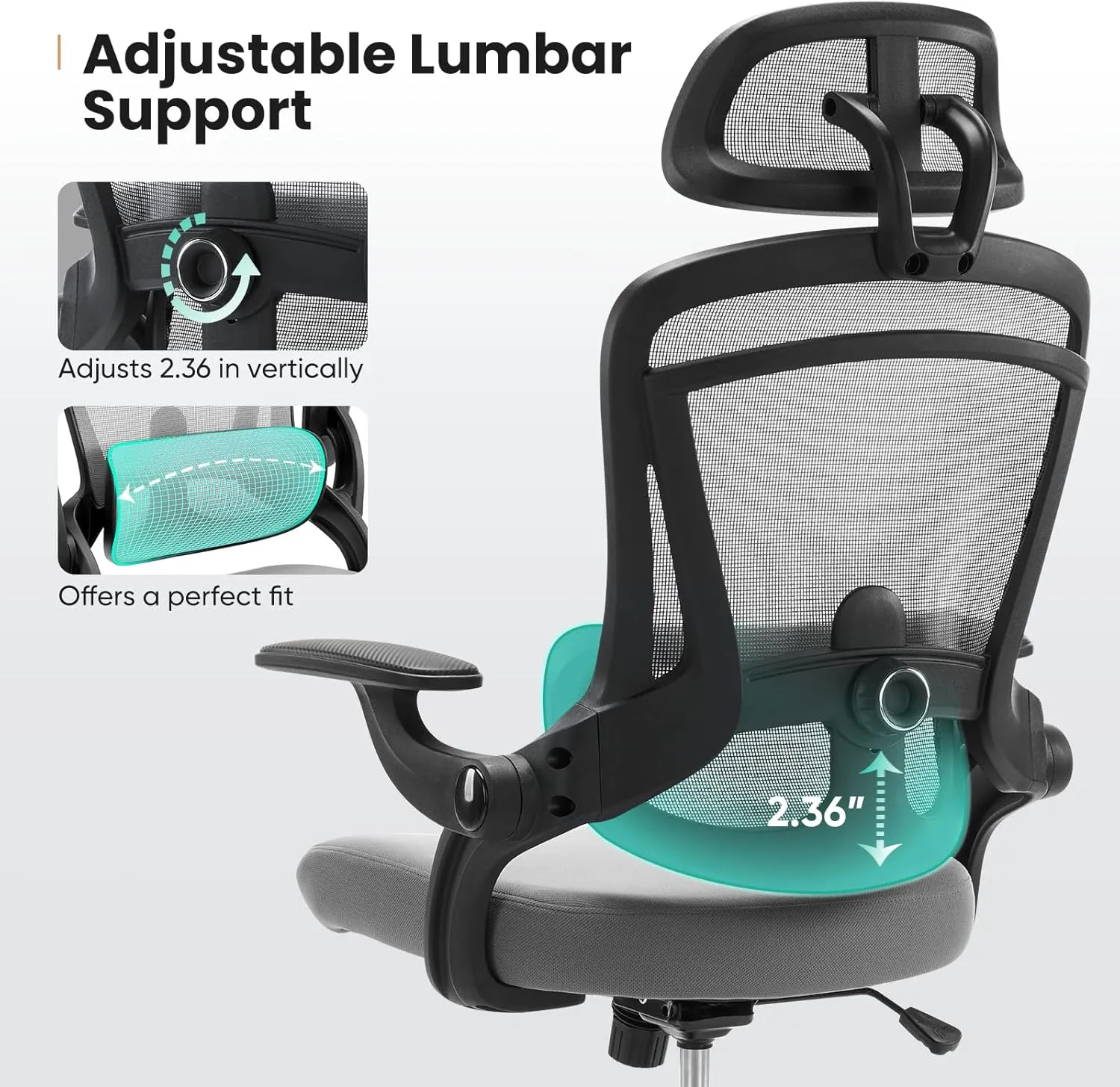 Sweetcrispy Ergonomic Office Chair, High Back with 2D Headrest, Up&Down Lumbar Support, Swivel Computer Task Mesh Desk Chairs with Adjustable Flip-up Armrests,Light Grey